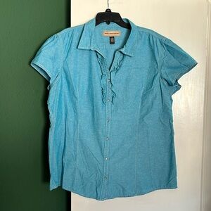blue/turquoise snap button down collared top